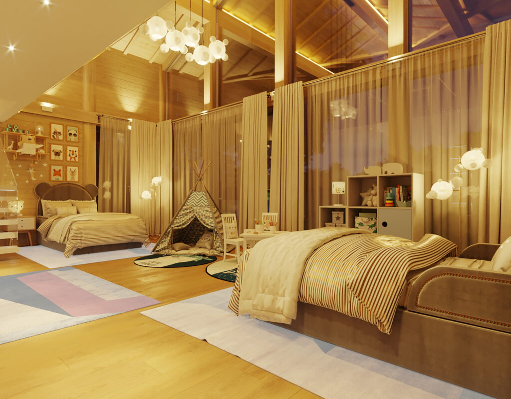 3d visualization childrens room with evening lighting interior wooden frame house moder