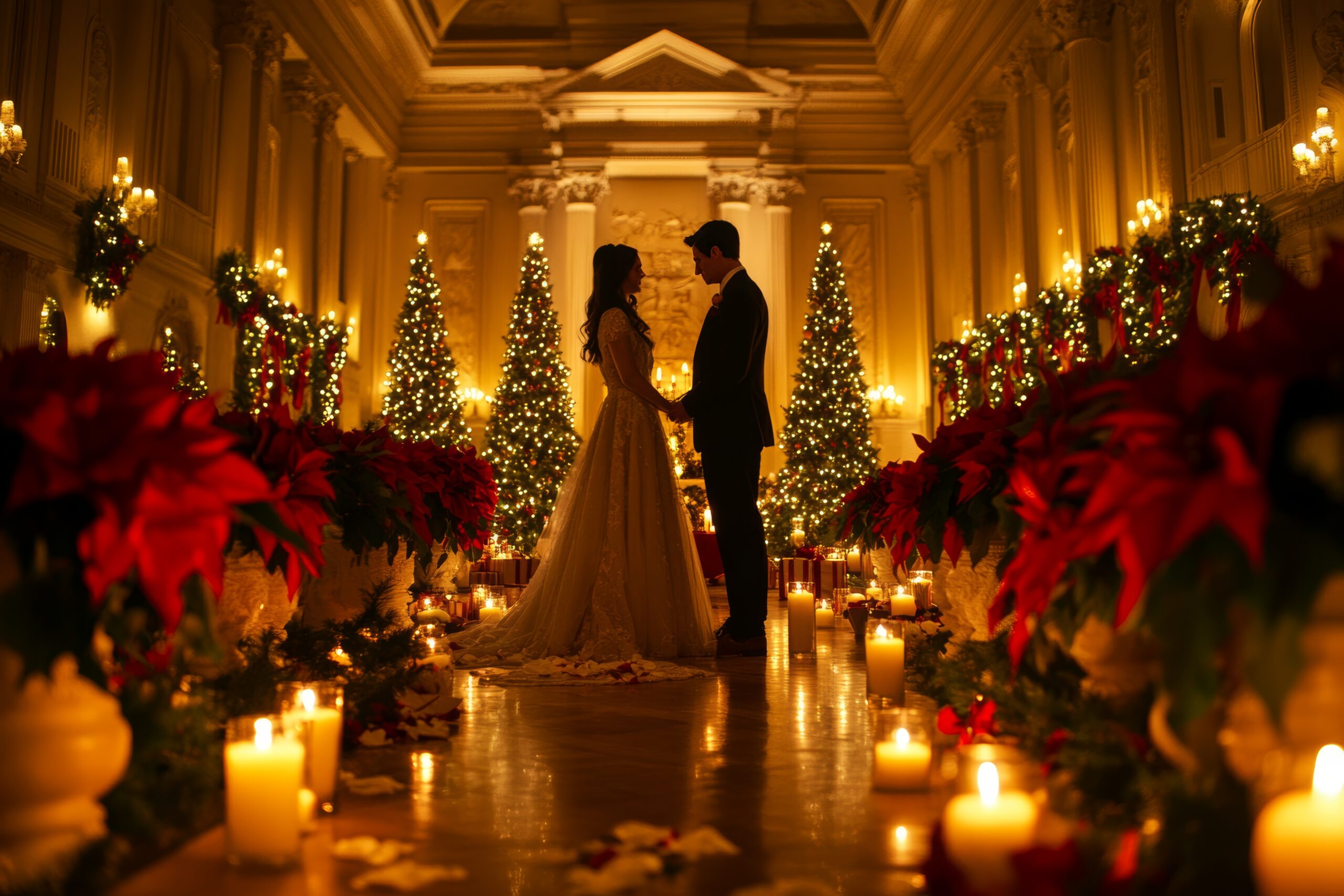 WEDDINGS couple exchanges vows festive christmas wedding surrounded by poinsettias candlelight
