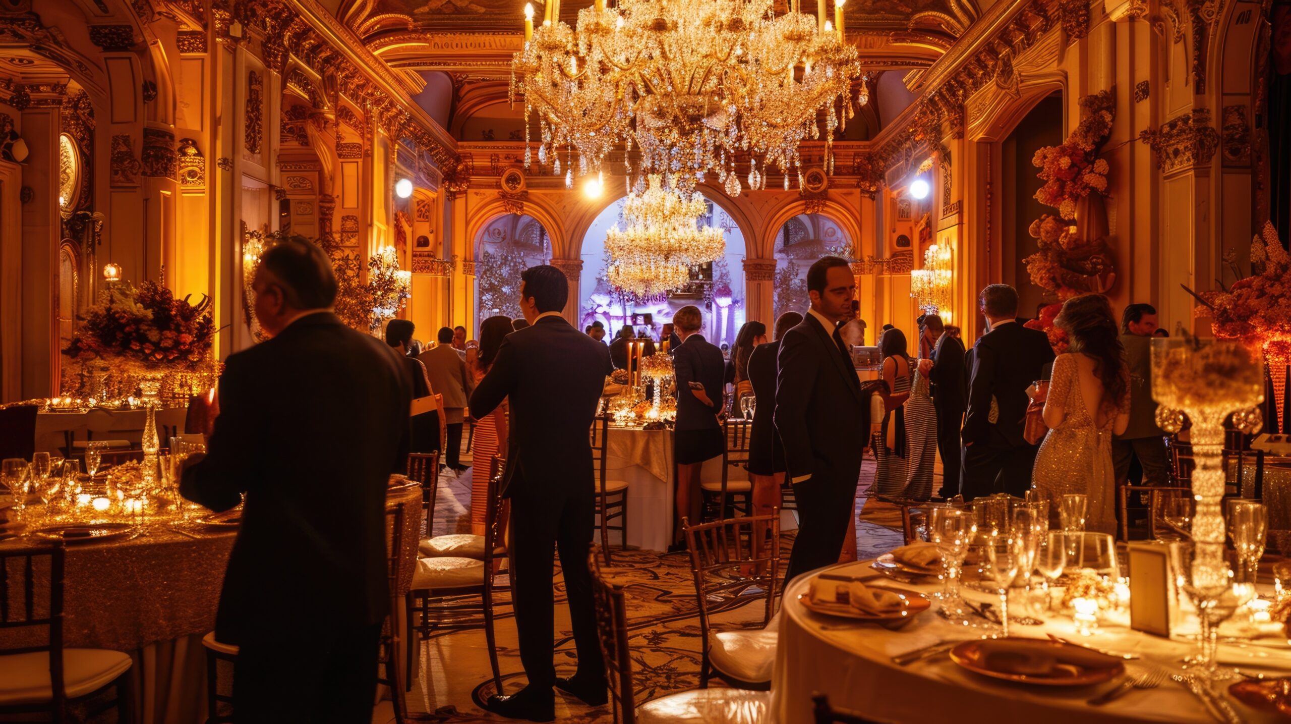 an elegant evening event, people in formal attire, beautifully. resplendent.