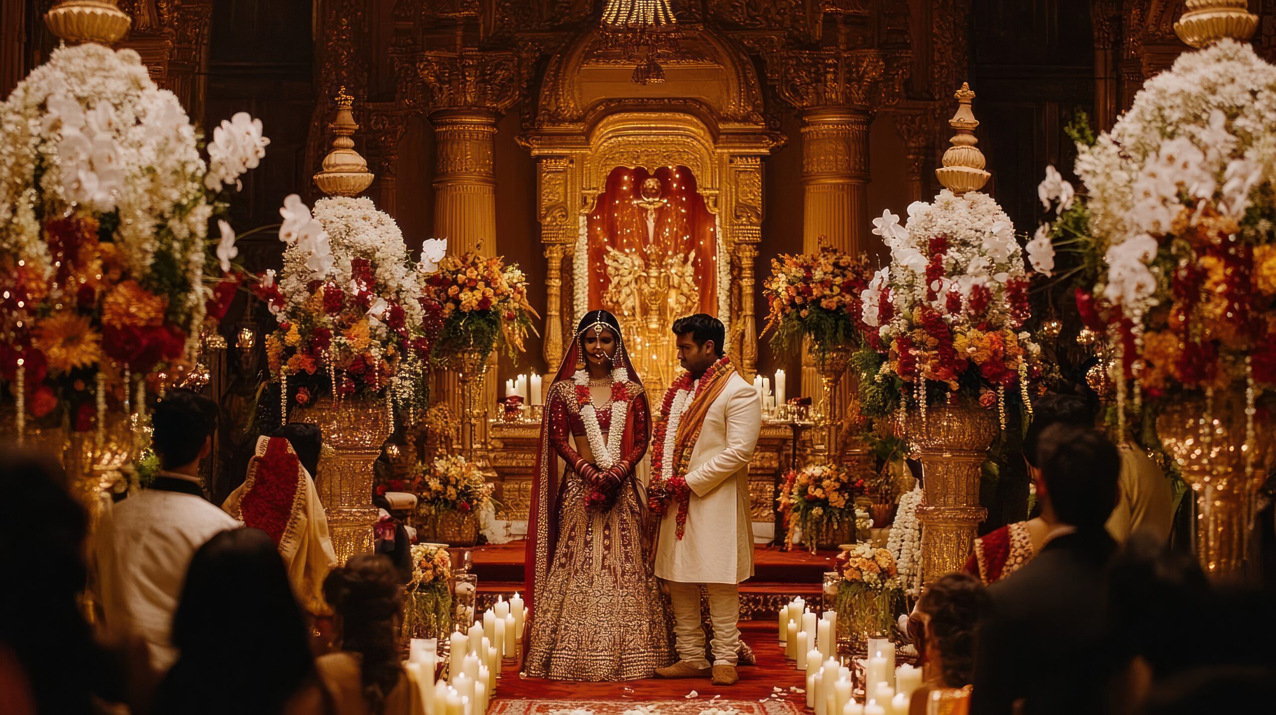 WEDDINGS indian bride and groom stand together at their wedding ceremony in a lavishly decorated hall with golden details, floral arrangements, and lit candles.