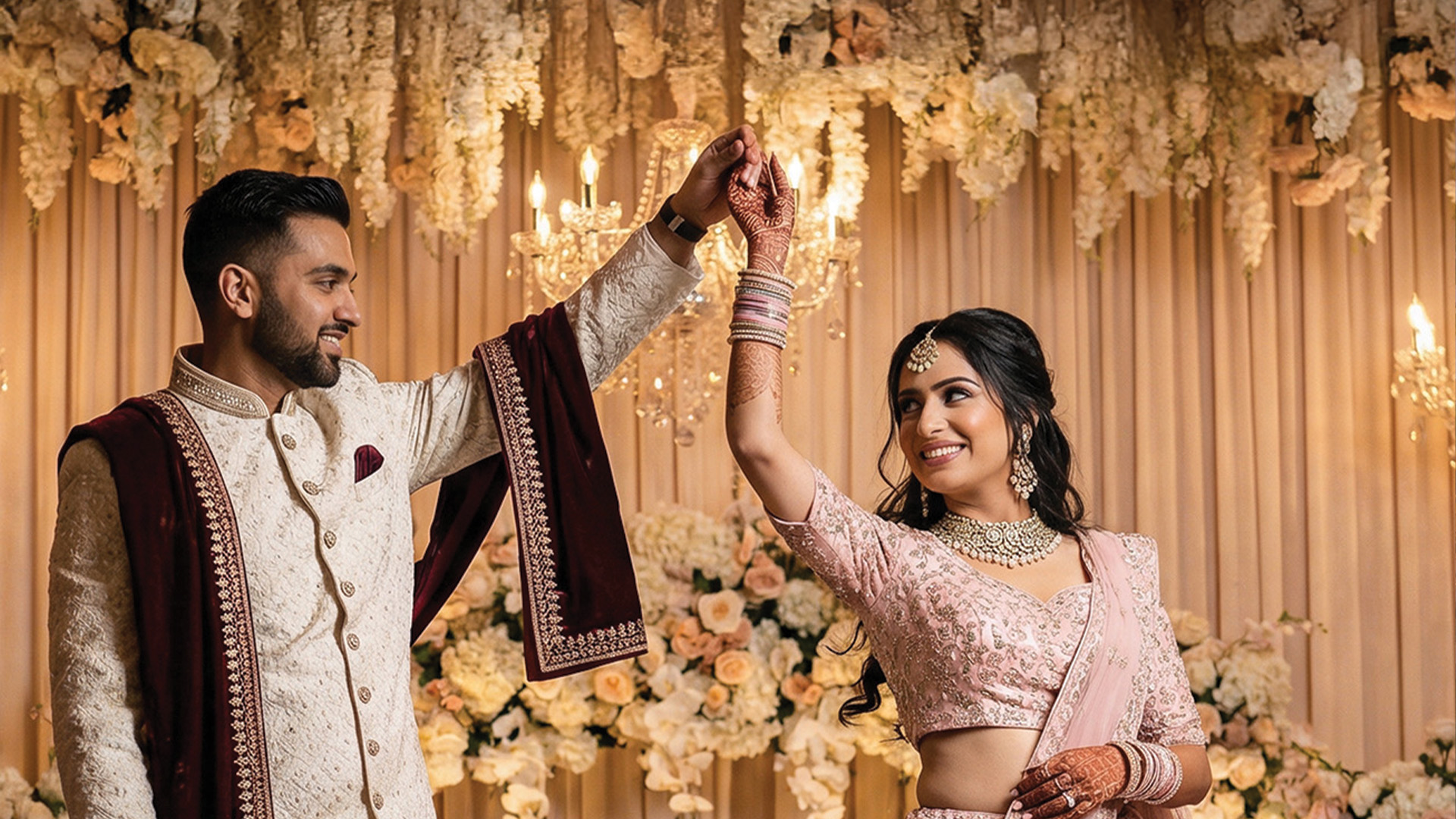 A detail shot of floral arrangement and draping — Antara Grand Wedding