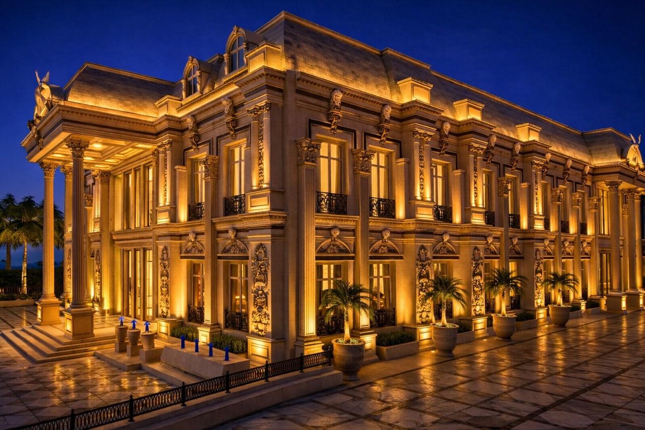 Antara Grand Main Hall exterior at night, angled view