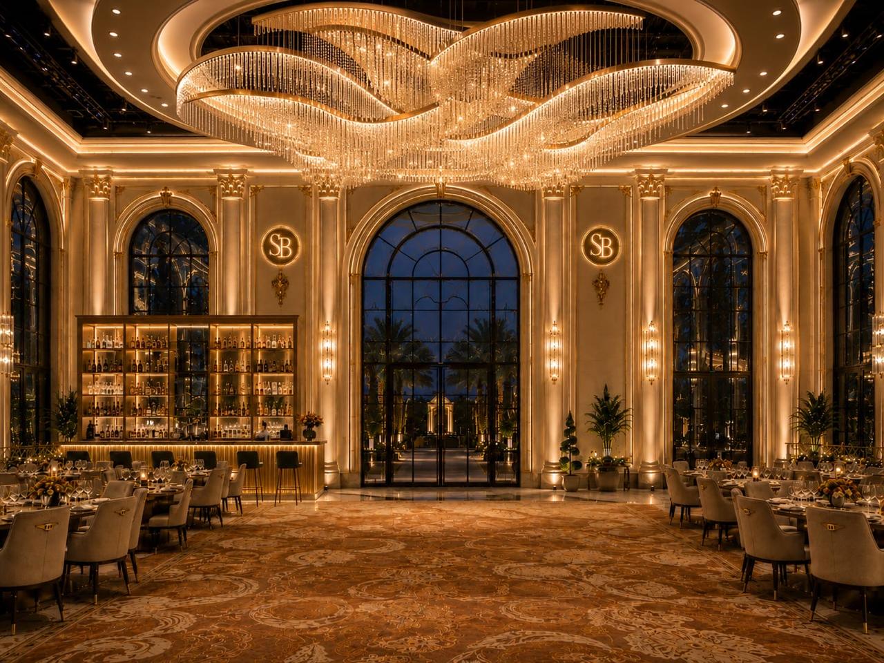 Antara Grand Glasshouse interior with sculptural lighting