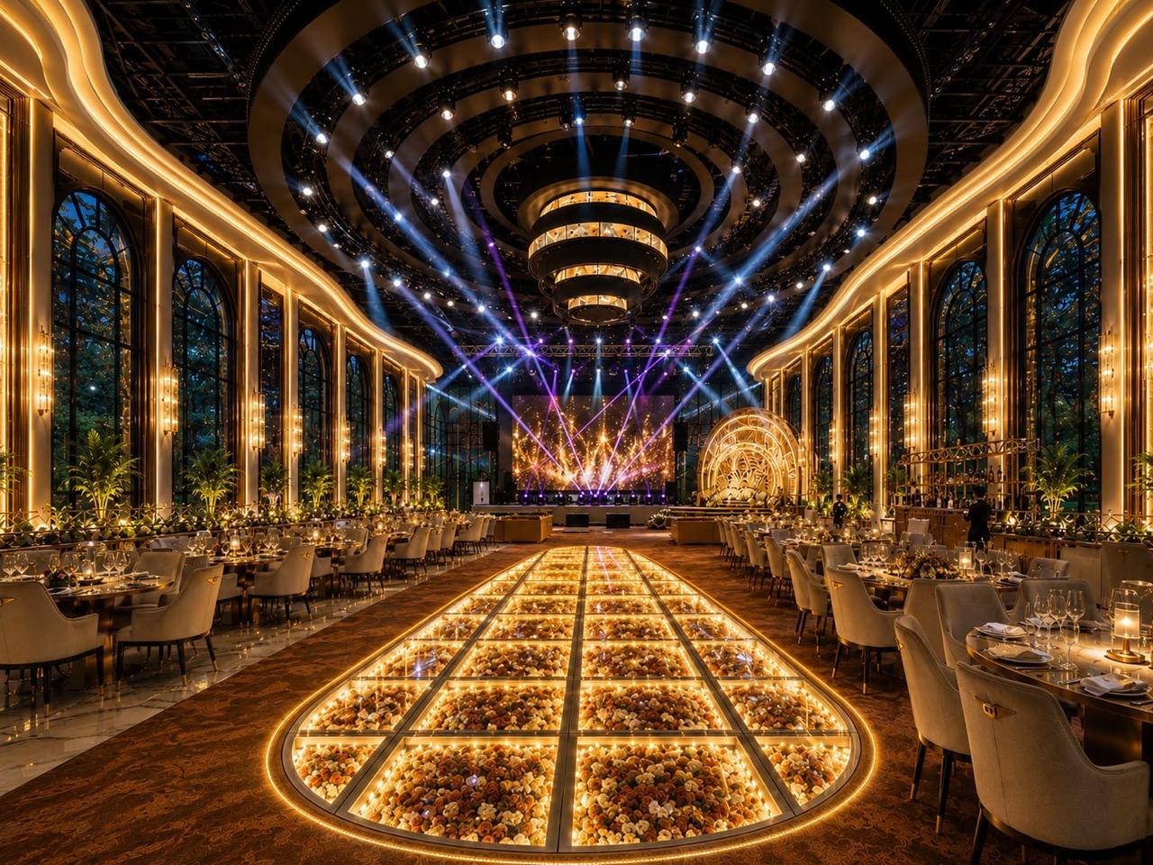 Antara Grand Glasshouse exterior with garden pool